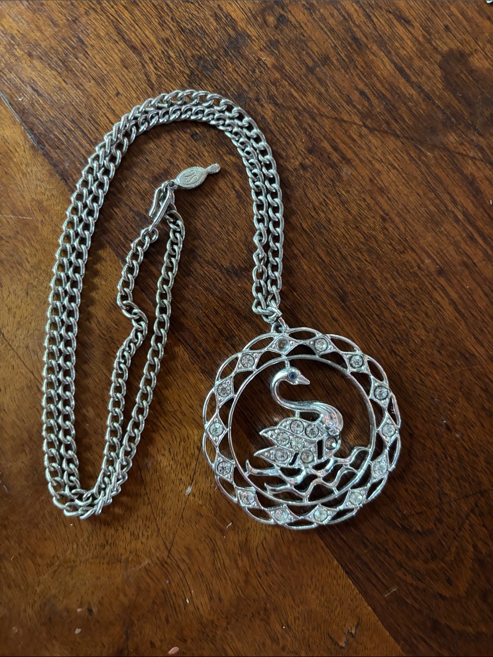 Sarah Coventry Silver Swan Pendant Necklace with Clear Crystals